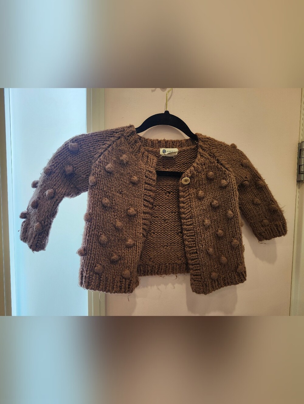 Hand-Knit Kids Pom-Pom Cardigan Sweater in Brown